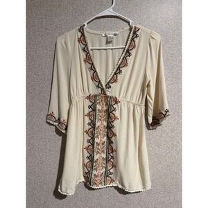 Ellison Cream Embroidered Boho V-Neck Empire Waist Tunic Top CD2276 Small